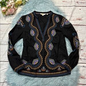 Boden Eden Embroidered Linen Long Sleeve Top Black